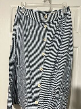 J. Crew Navy and White Striped Button-Front Midi Skirt